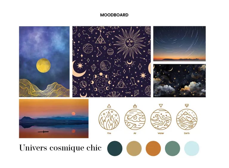 Moodboard Univers cosmique chic pour DAL Créations