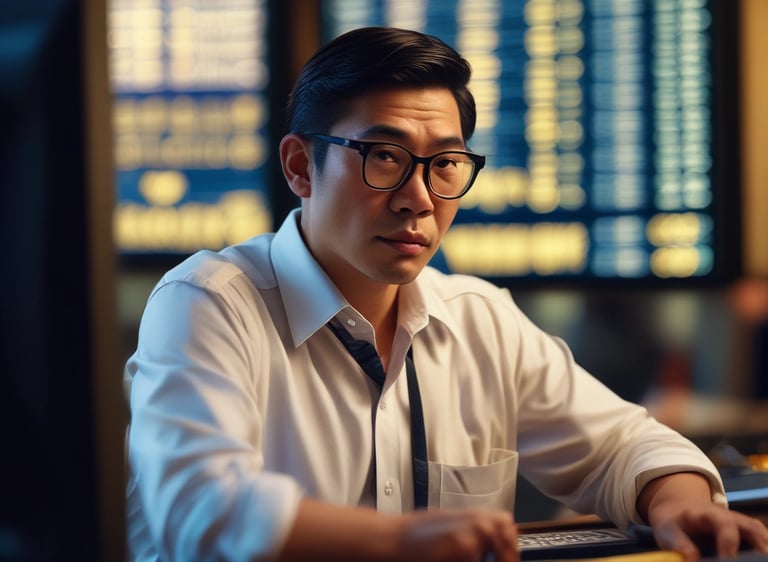 A sleek dark-themed interface showing AI-powered trading robot in action with neon blue and purple accents.