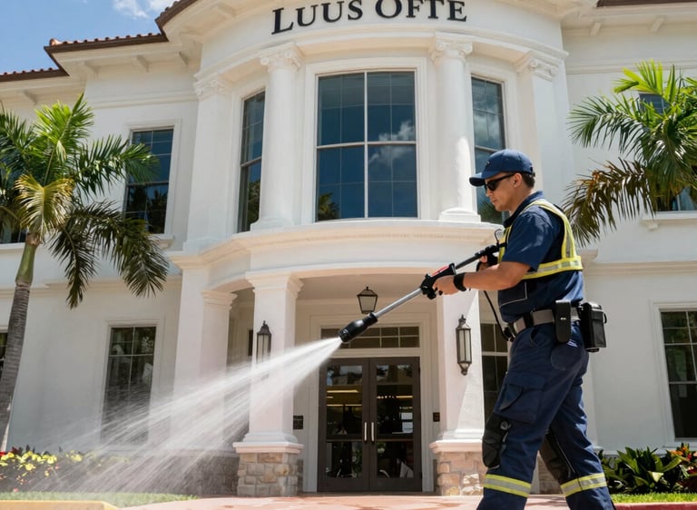 A team member pressure washing a large commercial building exterior under a bright blue sky.