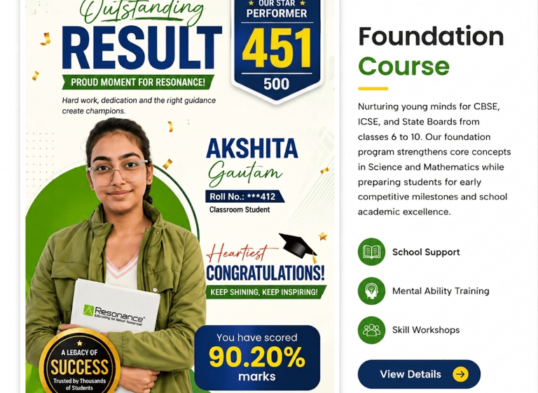 Resonance Foundation Course success poster featuring student Akshita Gautam with a 90.20% CBSE score.