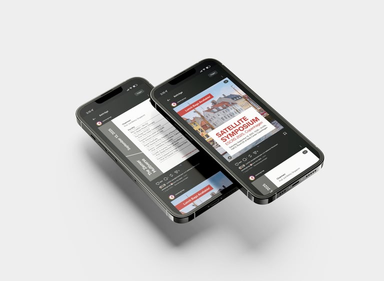 Zwei iPhones mit Social-Media-Beiträgen zum ESCRS 2025 Satellite Symposium in Kopenhagen.