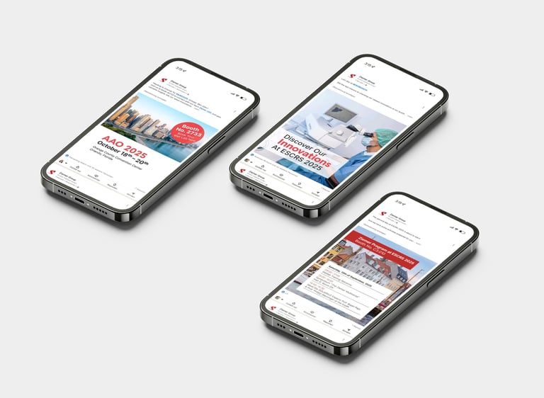 Drei Smartphones mit Social-Media-Beiträgen zu AAO 2025 und ESCRS 2025.