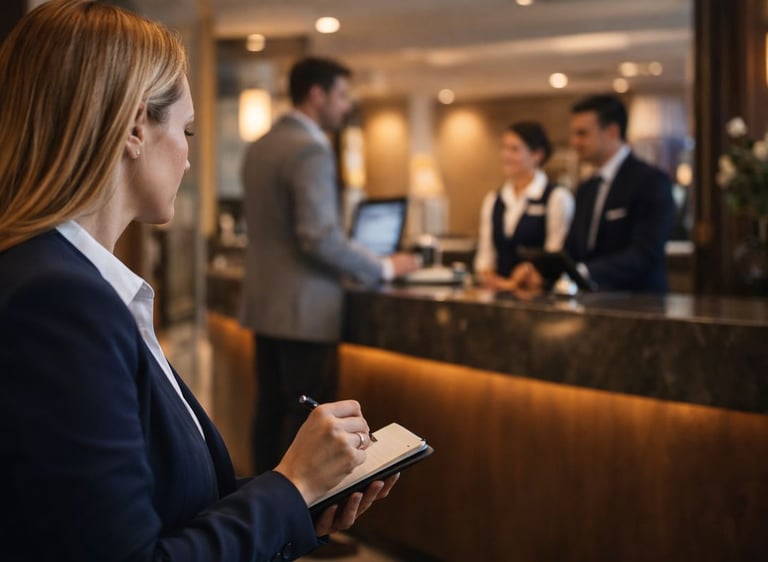 Hotel mystery guest performing audit at hospitality reception