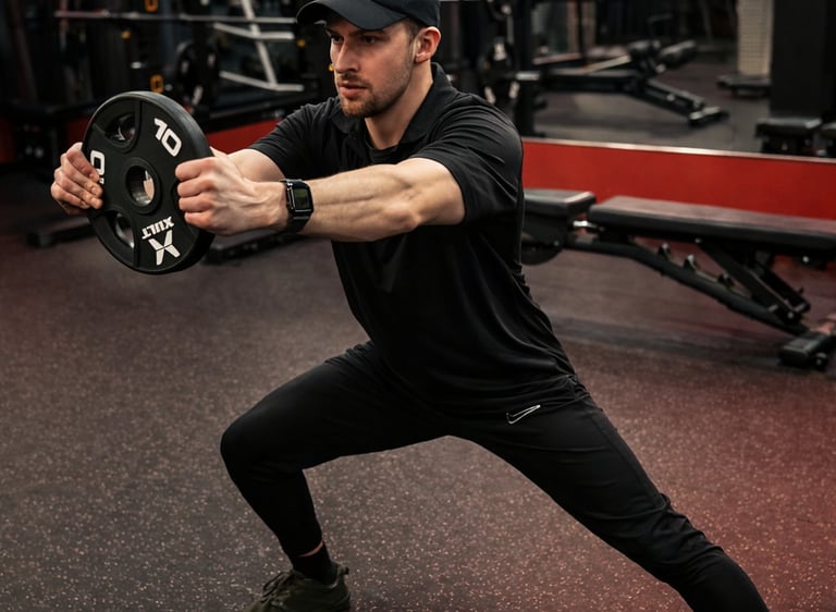 A man performing a weighted side lunge with a weight plate in a modern gym setting.