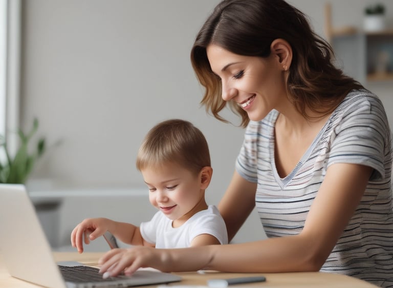 Smiling mother and toddler son using a laptop together at a wooden table while working from home.