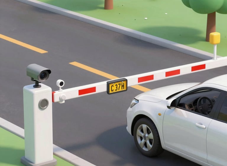 Automatic parking barrier arm with security camera scanning a car license plate on a road.