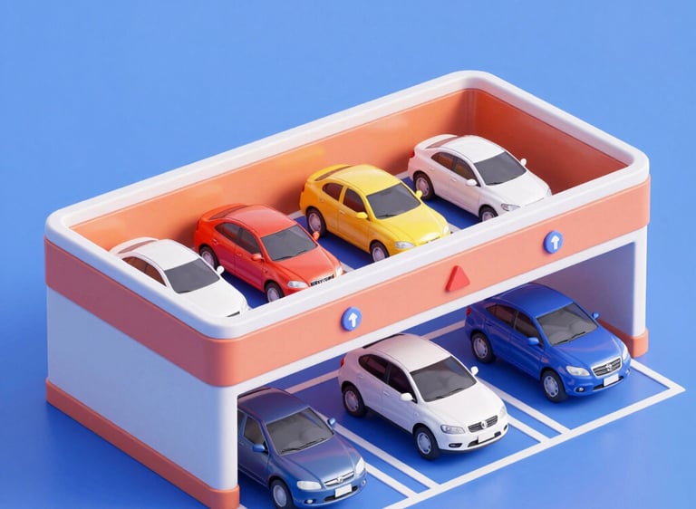 Miniature 3D isometric parking garage model with colorful toy cars on a blue background.