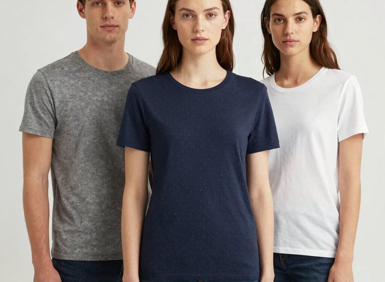 A stack of neatly folded round neck t-shirts in various colors.