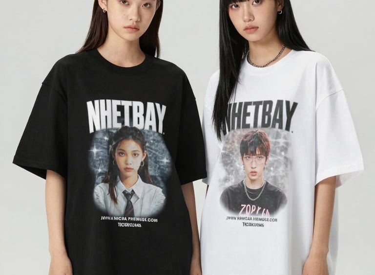 Custom printed oversized t-shirts laid out showcasing vibrant designs.