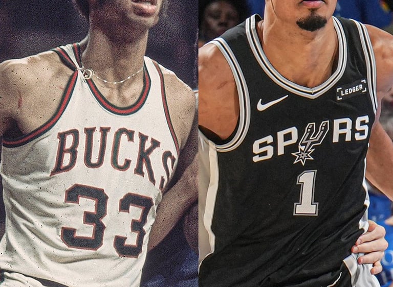 Kareem Abdul-Jabbar (left) as a Milwaukee Buck, and Victor Wembanyama (right) of the San Antonio Spurs, pictured on 5/18/26