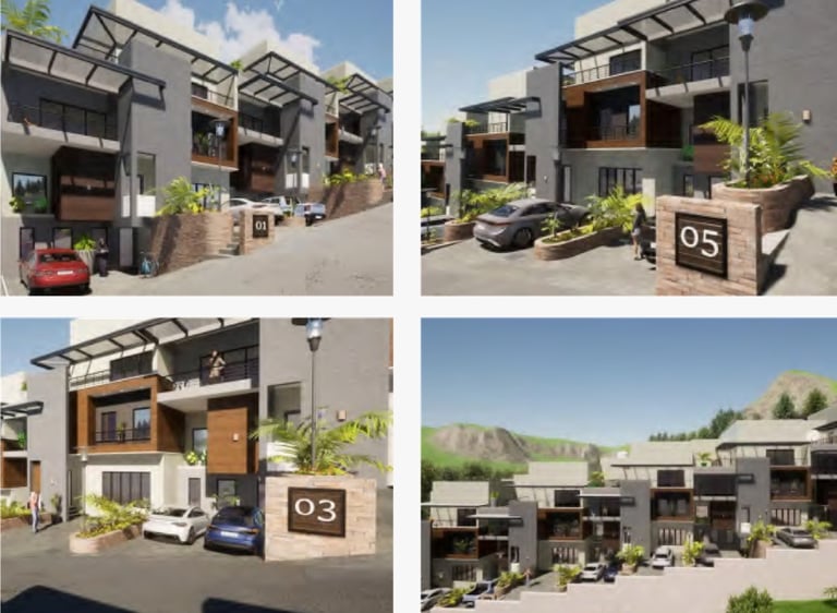 Modern multi-level townhouse complex featuring contemporary architectural design and luxury hillside living.