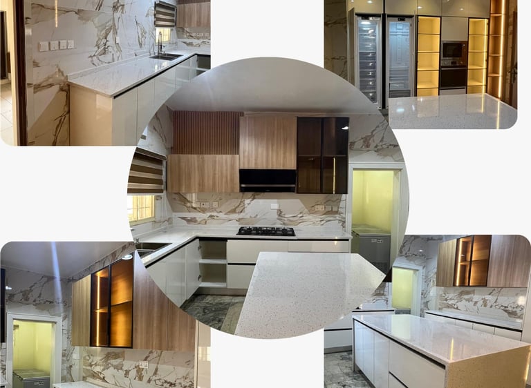 Modern luxury kitchen featuring white quartz countertops, marble walls, and sleek integrated cabinetry.