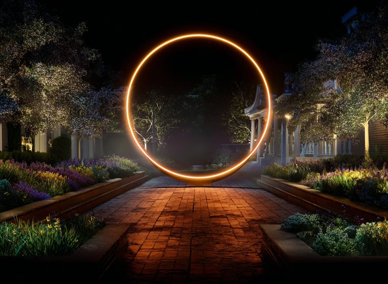 Glowing circular ring sculpture lighting up a backyard garden stone path at night.