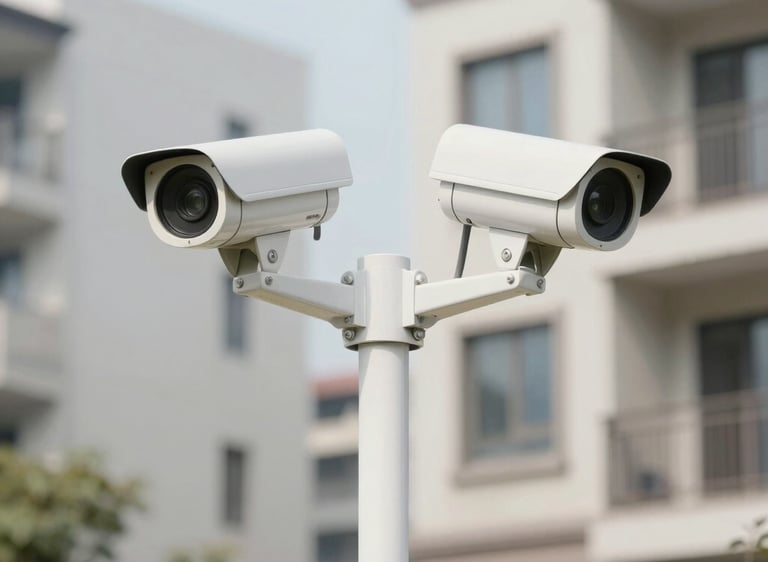 Modern security camera mounted on a building exterior at dusk.