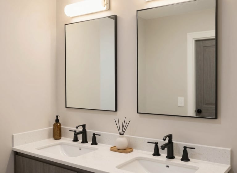 Spa-inspired bathroom featuring matte fixtures and soft ambient lighting.