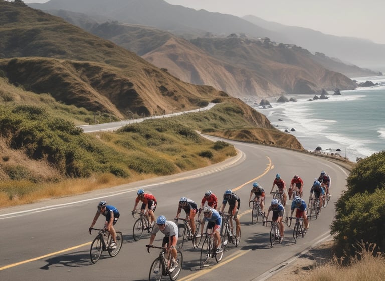 A group of triathletes training together on a sunny day, cycling and running along a scenic trail.