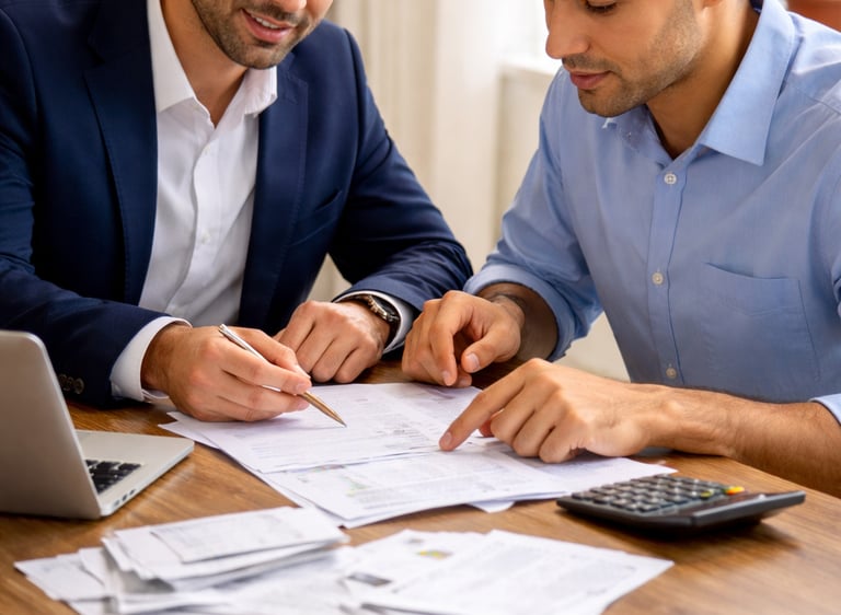 Un asesor financiero profesional está hablando con un cliente sobre unos documentos y un calculador