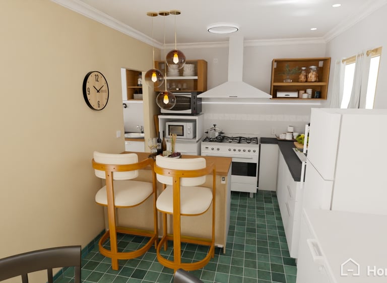 Diseño de cocina moderna con suelo de baldosas verdes y una barra de desayuno.