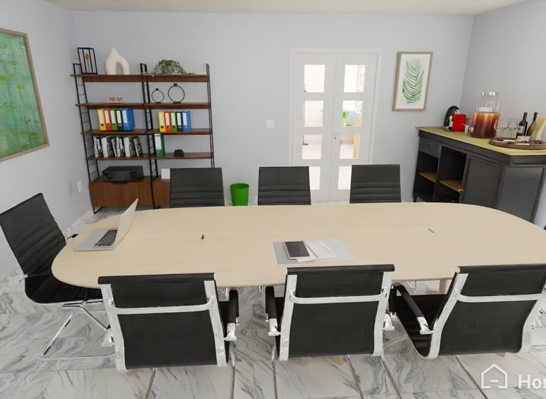 Moderna sala de conferencias con una gran mesa de madera, sillas de cuero negro y suelo de mármol.