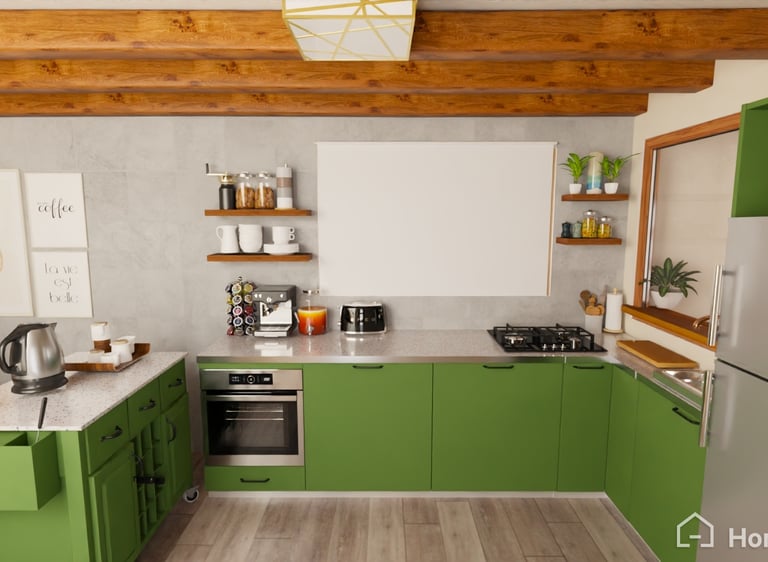 Cocina moderna en color verde. Con estilo rustico.