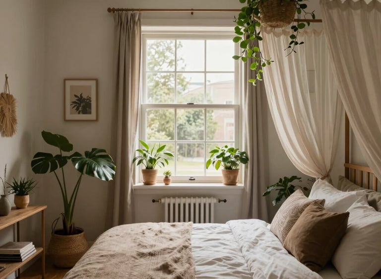 A warm, inviting living room corner with a plush armchair, soft blankets, and gentle natural light.