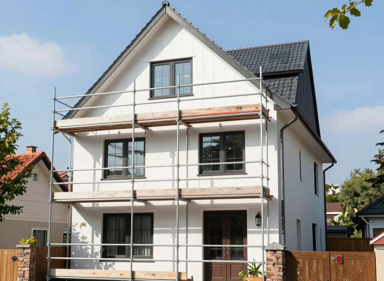 Mason smoothing a freshly built stone wall with a trowel.