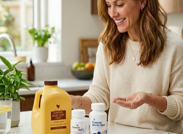 Smiling woman with Forever Aloe Vera Juice, Arctic Sea, and Daily health supplements for blood sugar
