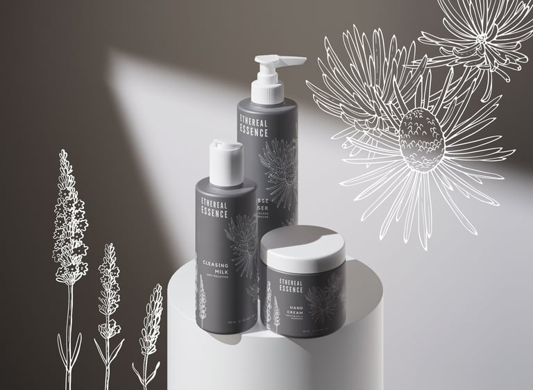 Aplicação de coleção de ilustrações botânicas em embalagem de cosmética natural para homem