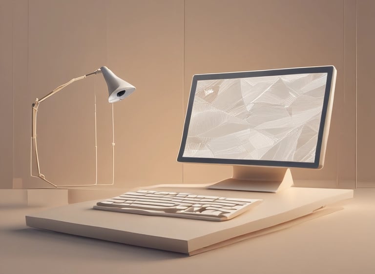 Diseño minimalista simétrico con bandera “HI! ESTUDIO” y formas geométricas en tonos suaves.
