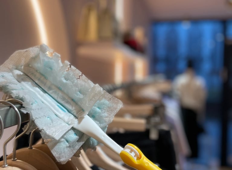 Technicien de M & M Services Pro dépoussiérant la boutique Léo et Ugo à Rouen avec un Swiffer
