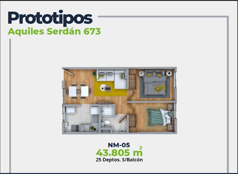 ASER Caracteristicas Departamento. Plano con 2 recamaras, sala comedor, baño y cocina. 43 mts2