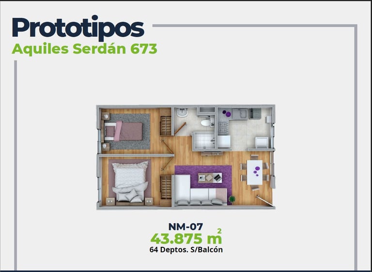 ASER Caracteristicas Departamento. Plano con 2 recamaras, sala comedor, baño y cocina. 43 mts2