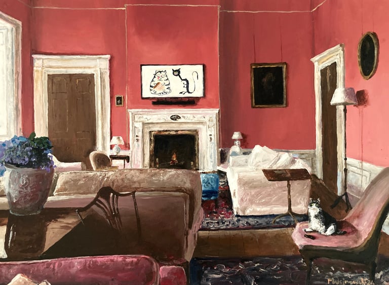 a painting of a living room with a cat sitting on a chair