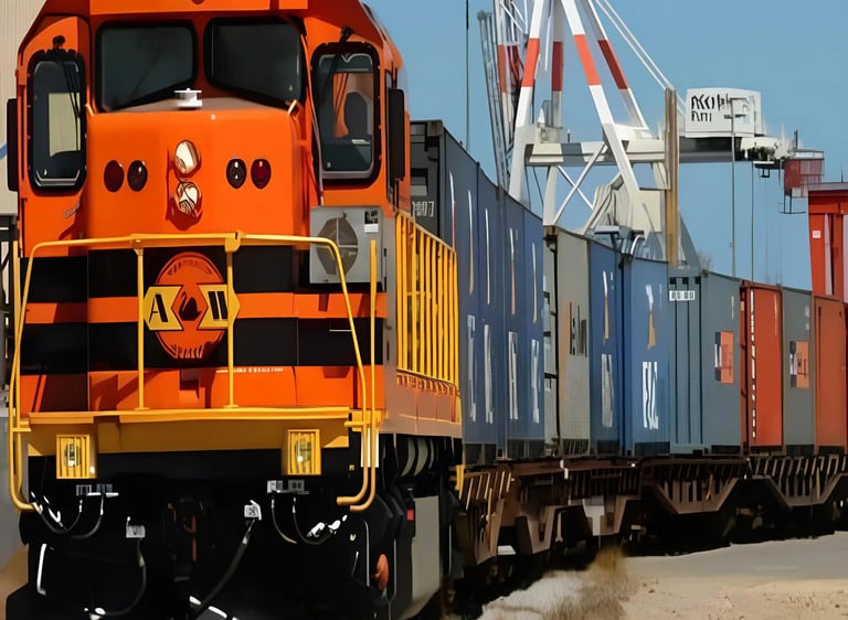a train with a cargo container crane in the background