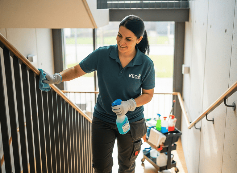 a woman in a green shirt cleaning stairs