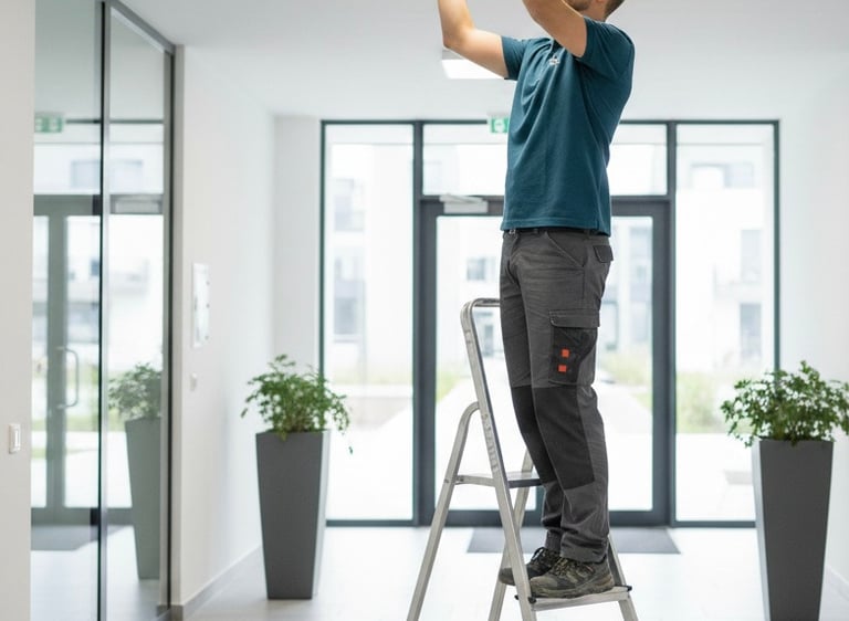 a man standing on a ladder ladder to reach the ceiling