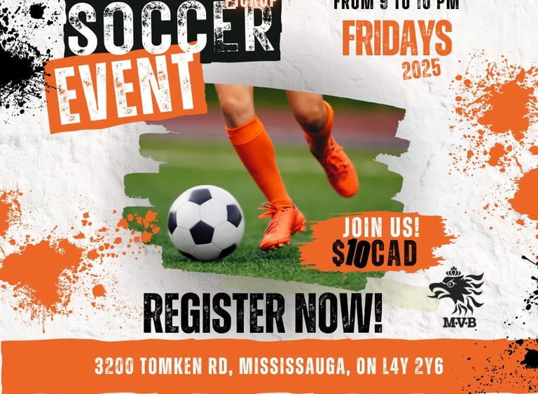 Promotional MVB FC flyer for 2025 Friday night pickup soccer events in Mississauga 