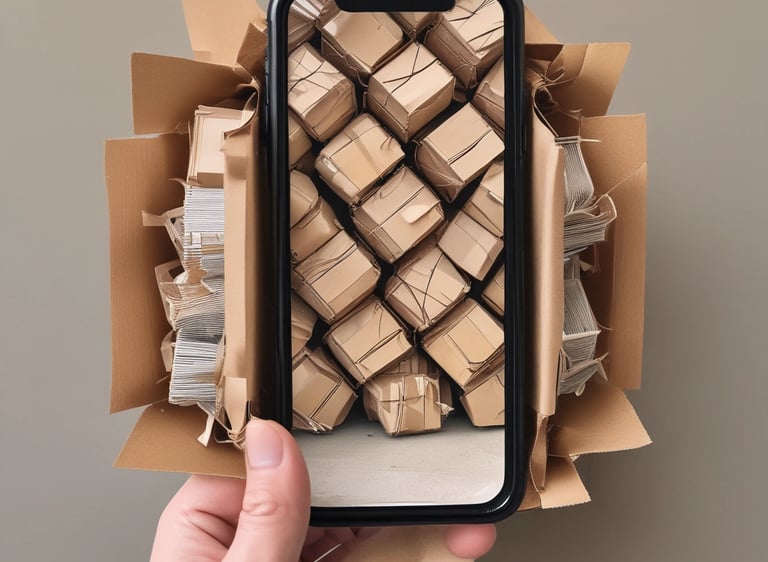 Three blue recycling bins are positioned on a sidewalk against a building with closed metal shutters. The bins display a yellow 'M' logo and the one on the far right is overfilled with cardboard boxes.
