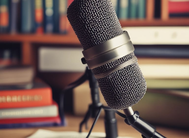 A person wearing headphones and glasses is speaking into a microphone, possibly in a recording studio. The background is blurred, suggesting a professional or indoor setting.