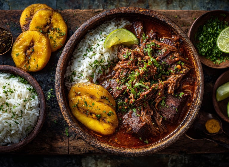 Traditional Cuban Ropa Vieja shredded beef stew served with white rice and fried sweet plantains.