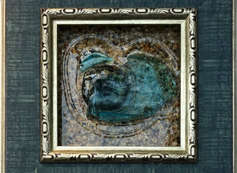 Resin and glass artwork with link to online store.