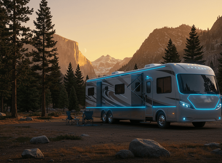 Futuristic RV with Essential RV Tech for 2025 featuring TPMS, surge protectors, GPS, and RV internet