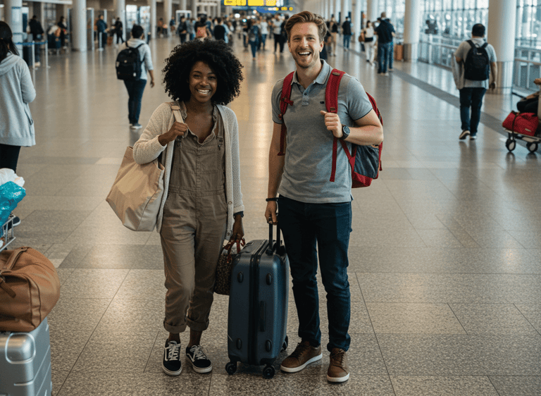 a man and woman standing in an airport