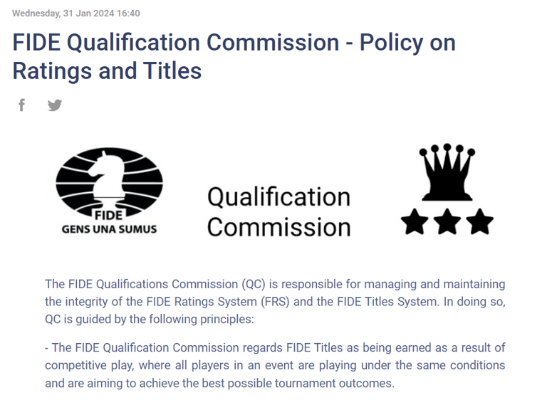 FIDE Qualification Commission 2024 - Policy on Ratings and Titles. FIDE Chess