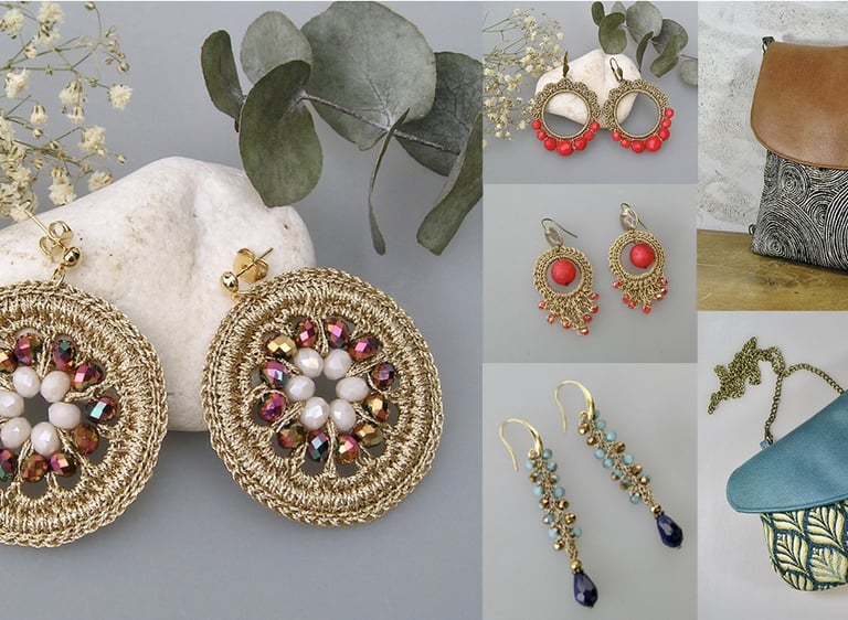 un collage de différents accessoires de mode au crochet et en tissus