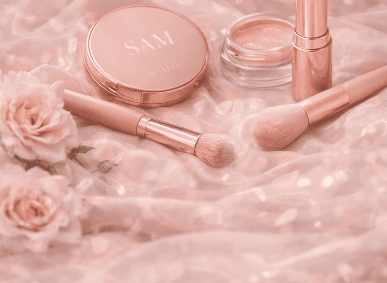 Productos SAM Cosméticos en tonos suaves rodeados de flores que representan delicadeza y elegancia