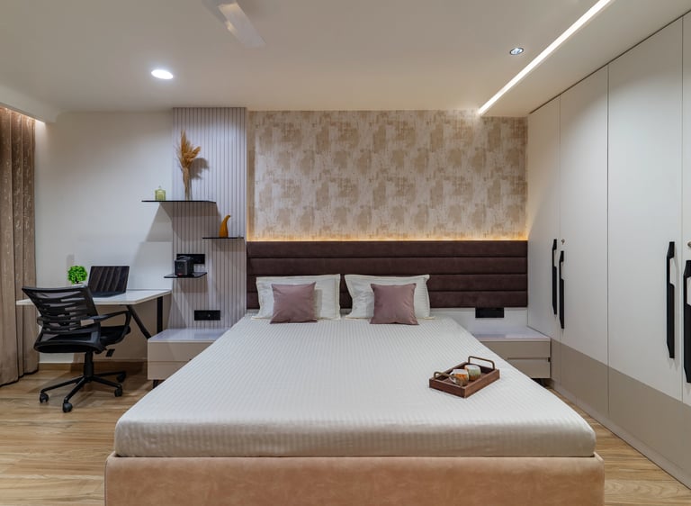 Bedroom interior design with study table wardrobe ambient lighting