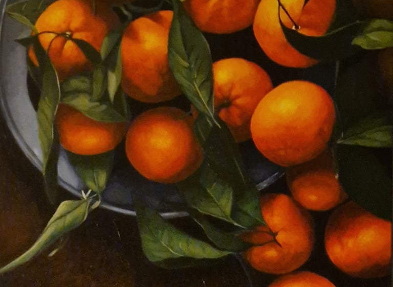 a painting of a bowl of oranges on a table