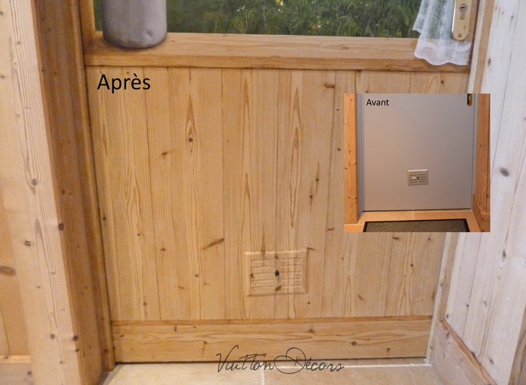 Faux bois peint sur une porte de service pour la masquer, images Avant/Après