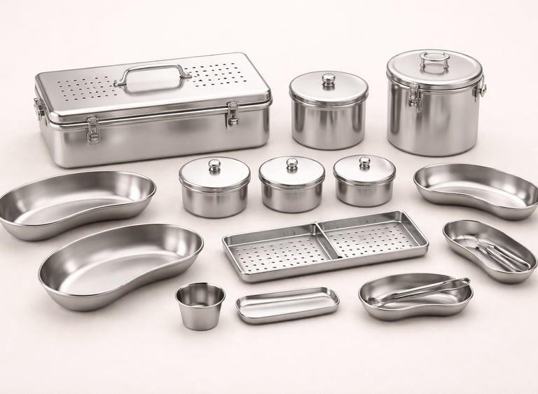 Stainless steel hollowware including trays, bowls, and instrument boxes on a white background.